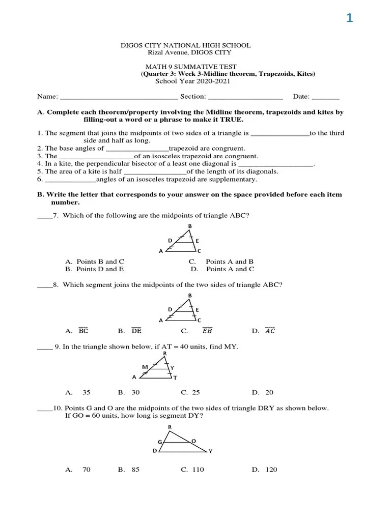 Digos City National High School Rizal Avenue, DIGOS CITY Math 9