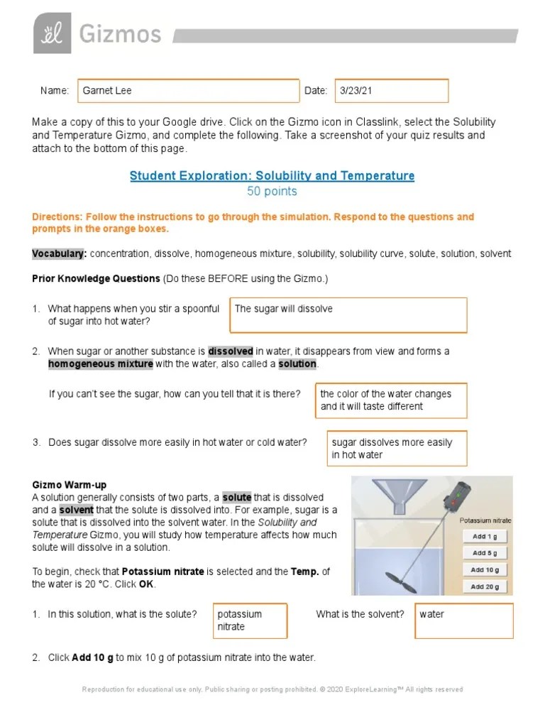 Gizmo - Solubility and Temperature | PDF | Solution | Solubility