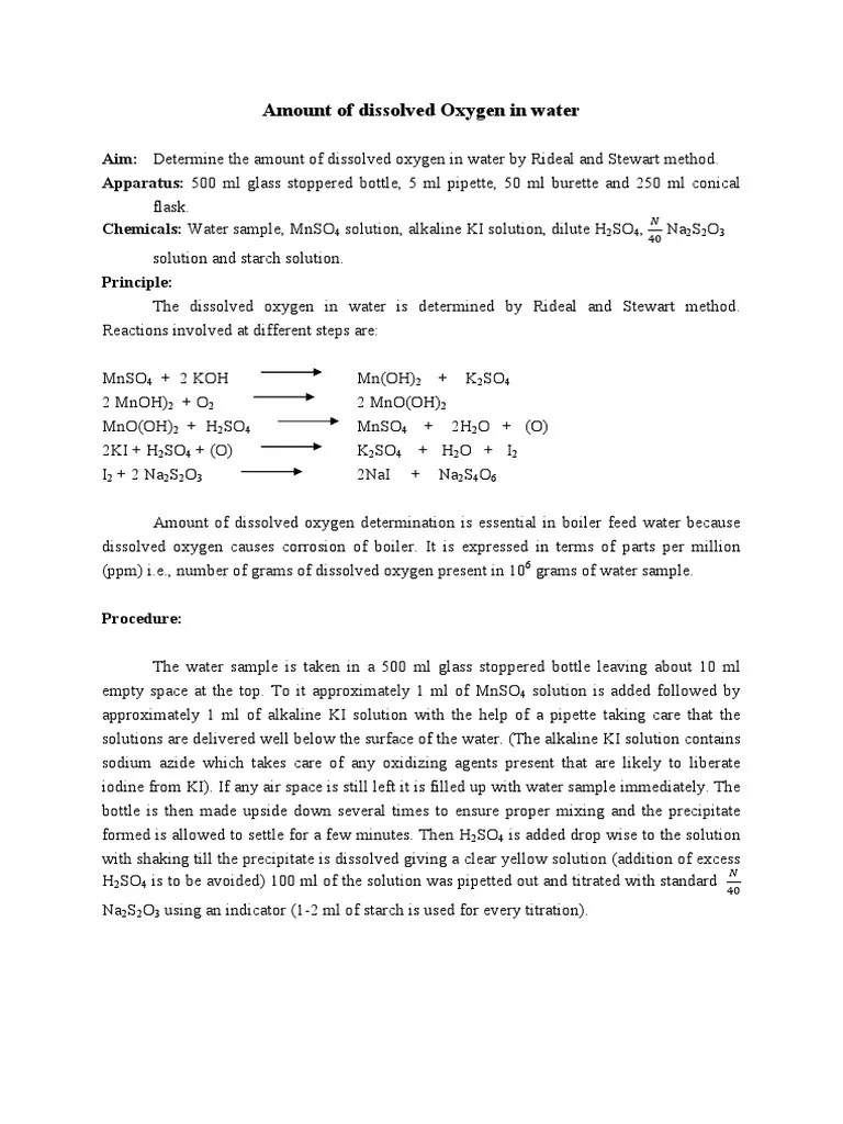 Amount of Dissolved Oxygen in Water PDF Titration Chemistry