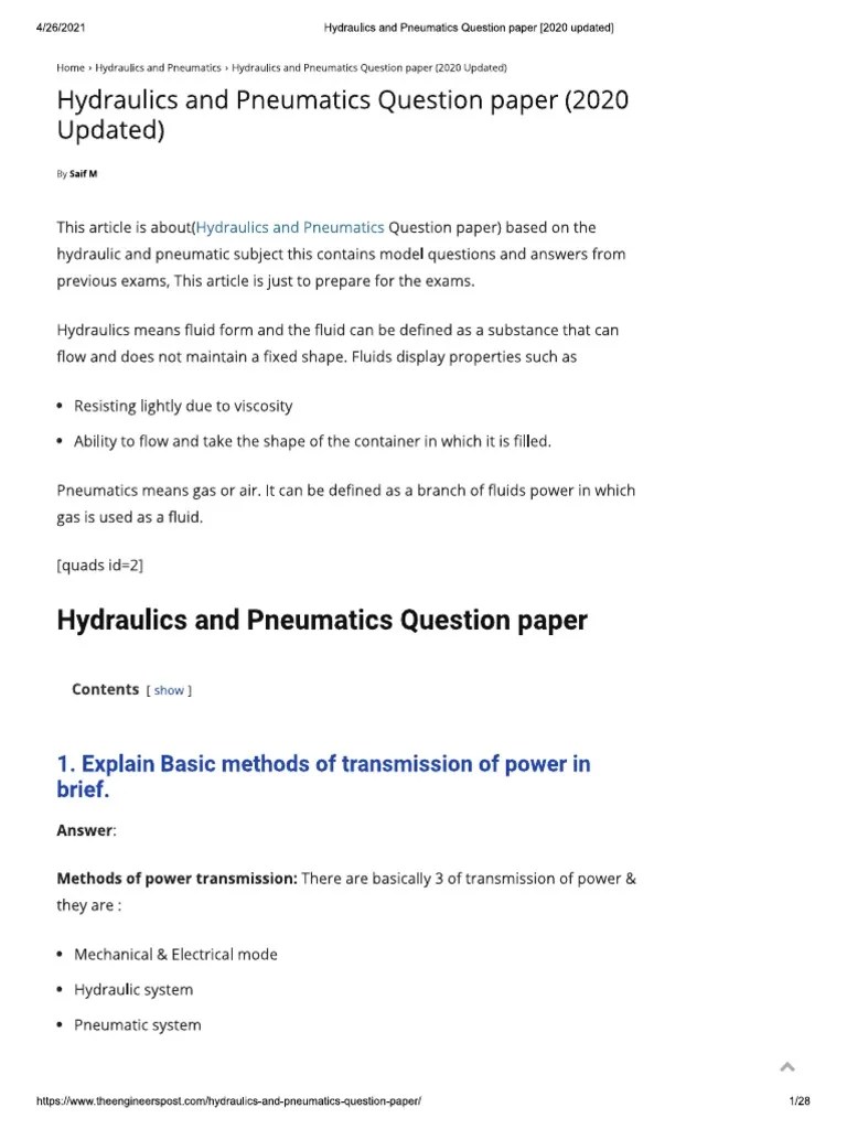 Hydraulics and Pneumatics Question Paper (2020 Updated) PDF Nature