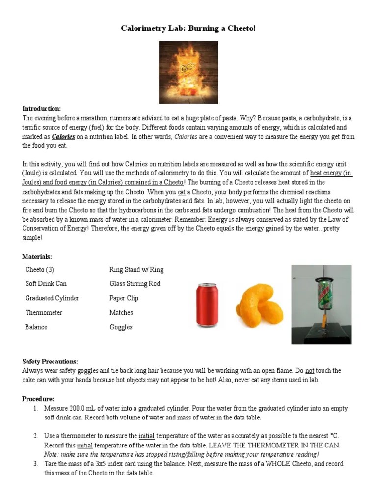 3 Calorimetry Lab Burning A Cheeto PDF Calorie Food Energy