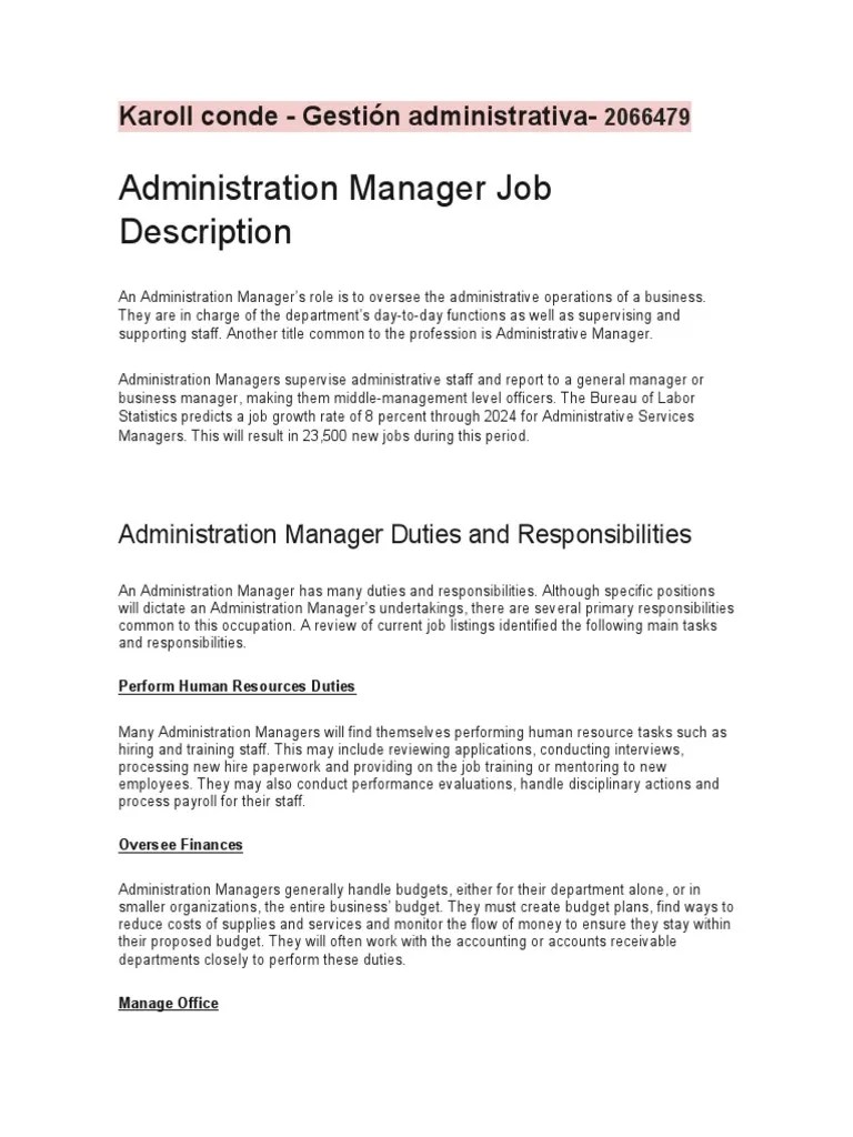Administration Manager Job Description PDF Human Resources Labor