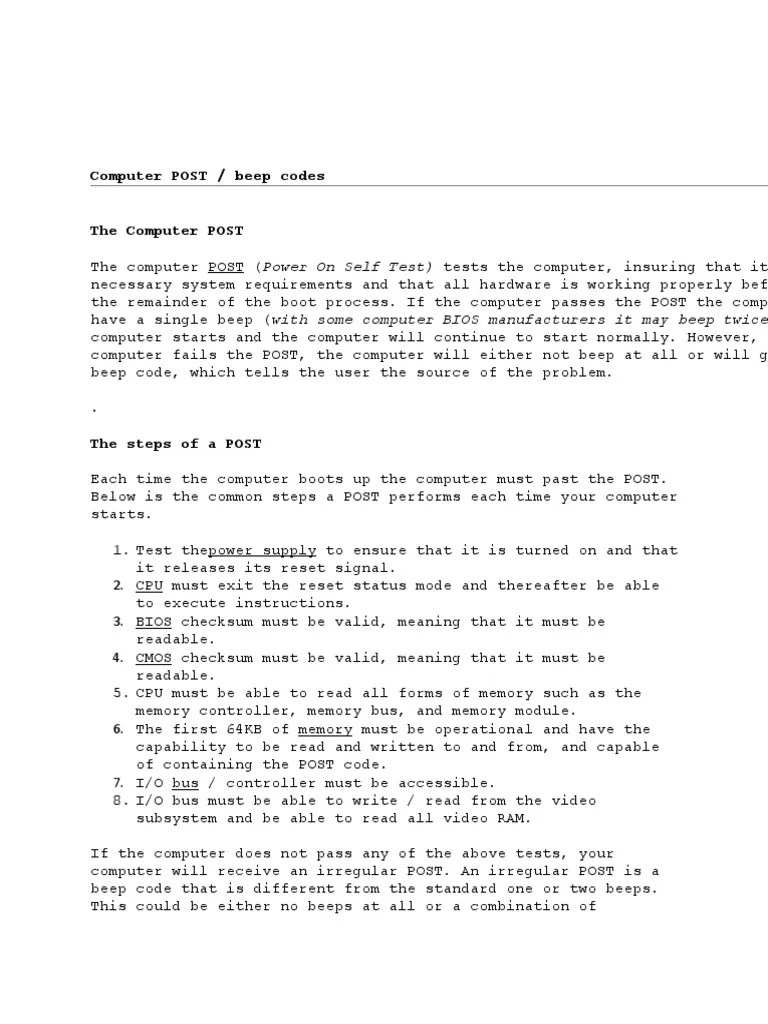 Computer POST / Beep Codes PDF Bios