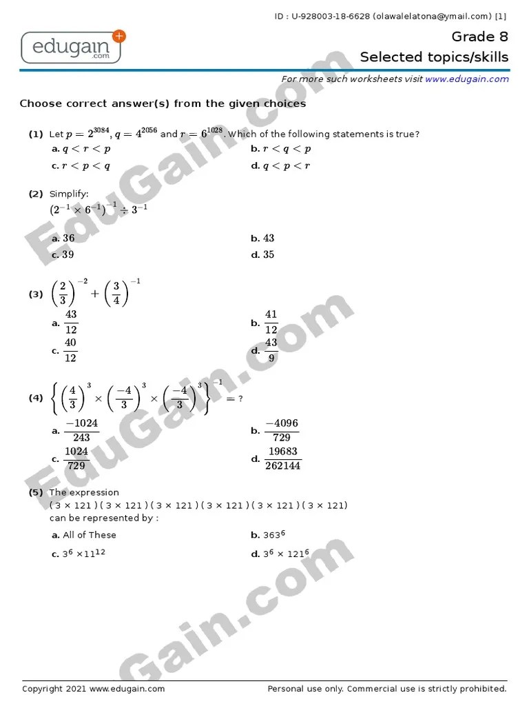 Grade 8 Laws of Indices Worksheet PDF Teaching Mathematics