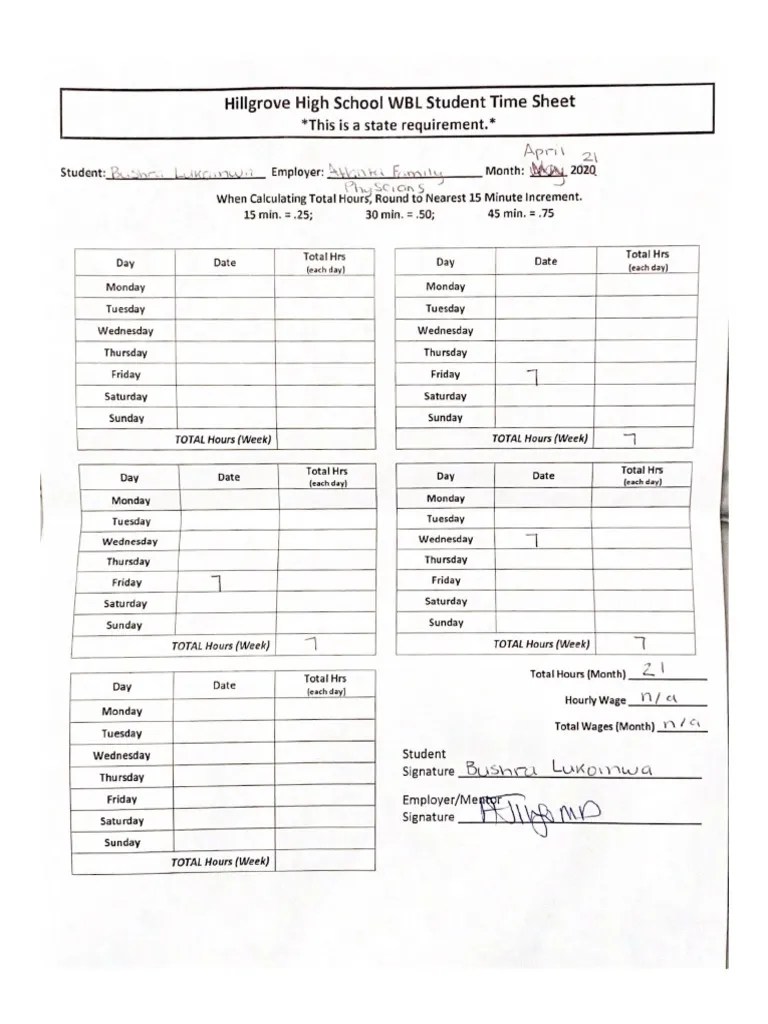 Hillgrove High School WBL Student Time Sheet 3 PDF