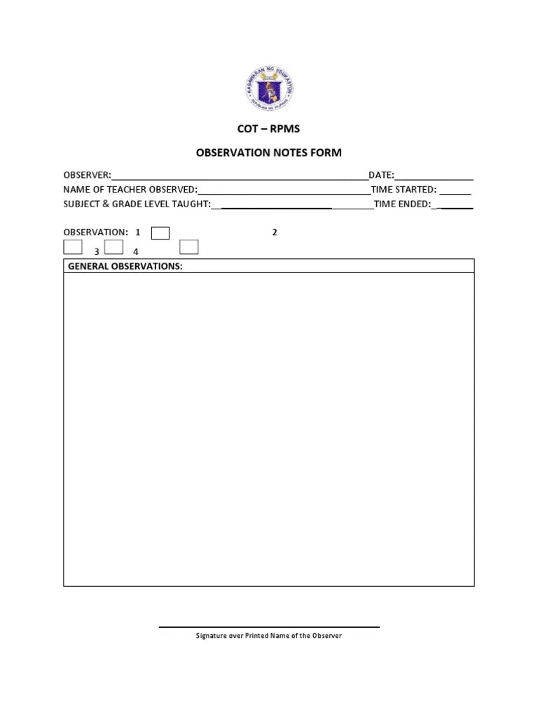 Cot Observation Notes Form PDF