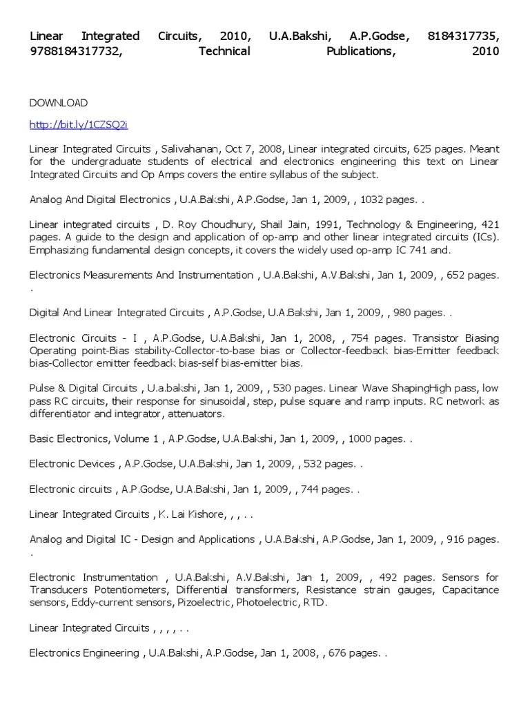 Linear Integrated Circuits, 2010, U.A.Bakshi, A.P.Godse, 8184317735
