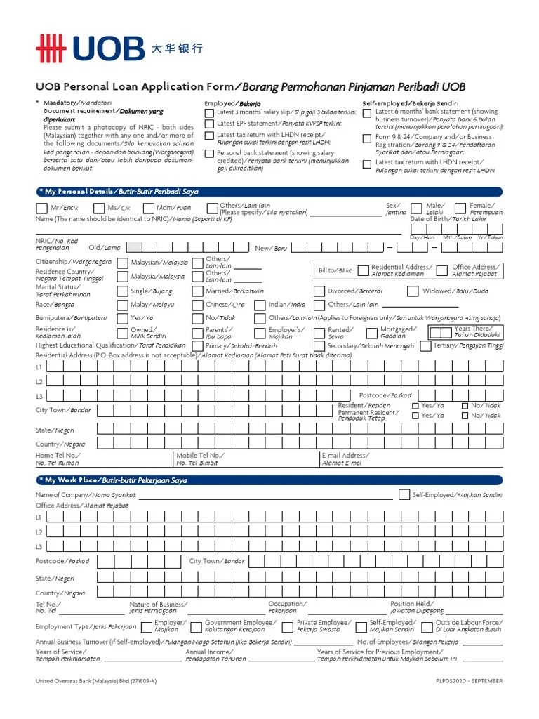 UOB Personal Loan Application Form PDF Loans Taxes