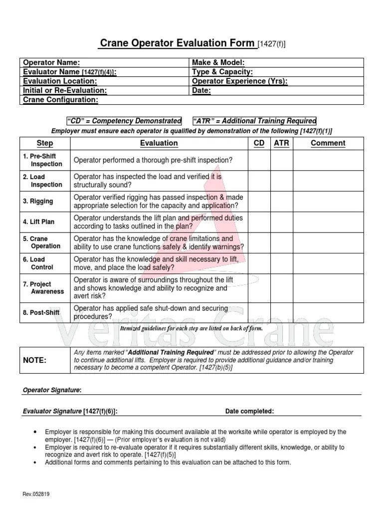 Veritas Crane Operator Evaluation Form Rev.052 PDF Crane (Machine