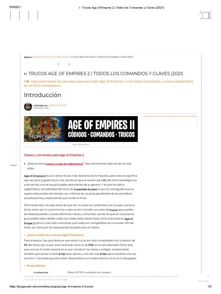 Trucos Age of Empires 2 Todos Los Comandos y Claves (2021) PDF Cookie HTTP Videojuegos