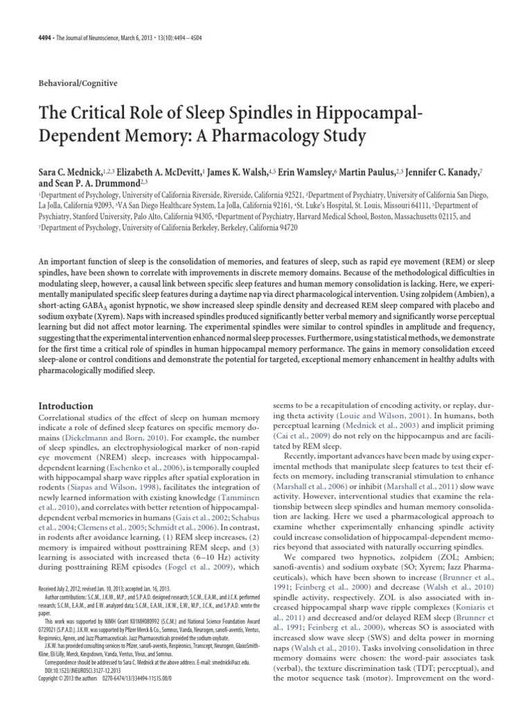 The Critical Role of Sleep Spindles in HippocampalDependent Memory A