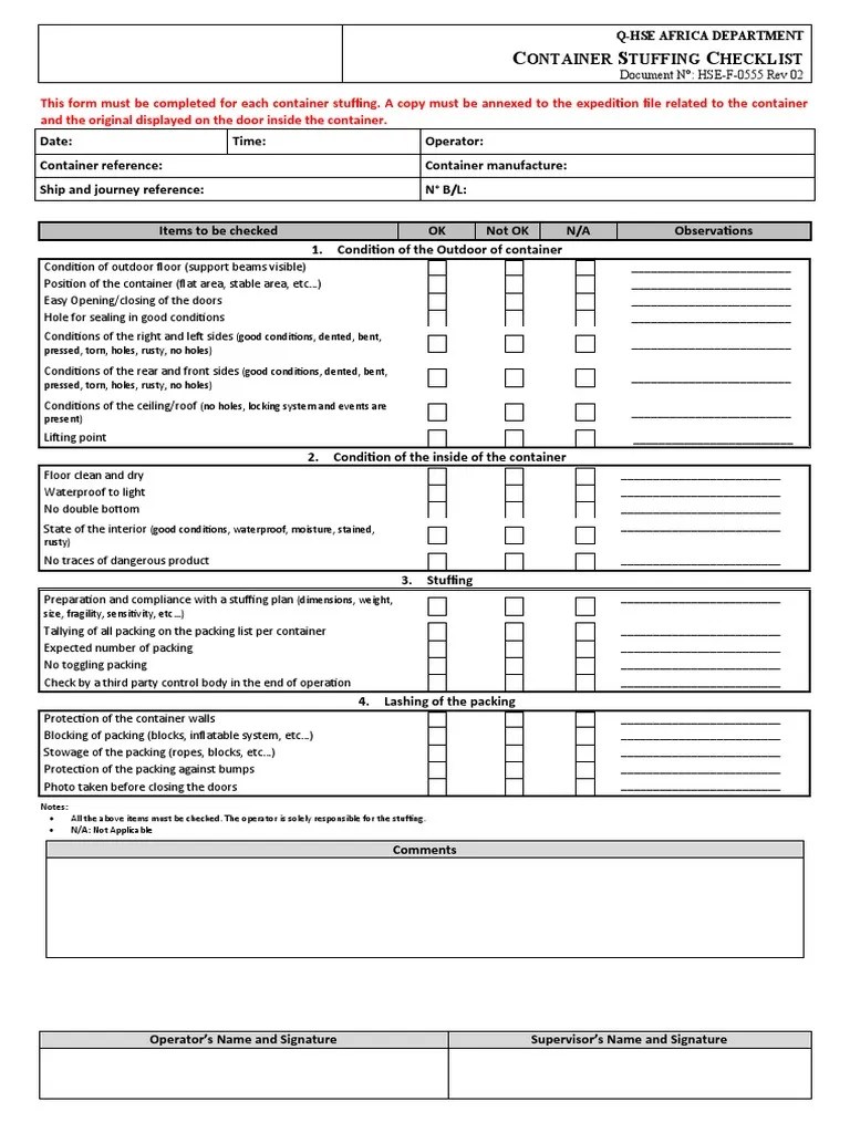 Container Stuffing Checklist PDF Building Technology Building