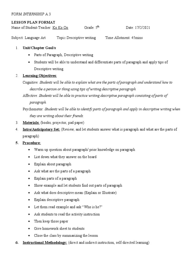 Lesson Plan For Descriptive Paragraph PDF