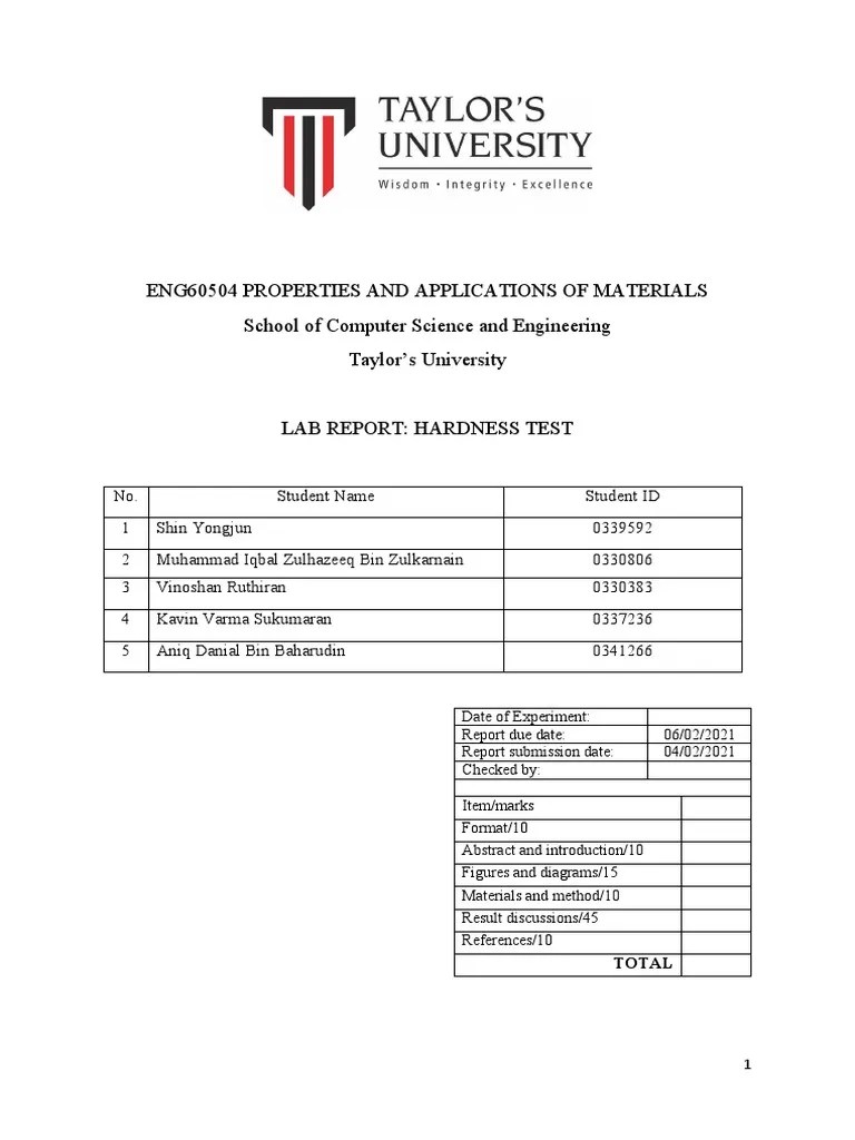 Hardness Test (Lab Report) PDF Hardness Alloy
