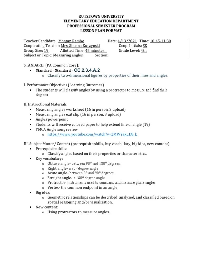 Measuring Angles Lesson Plan PDF Angle Behavior Modification