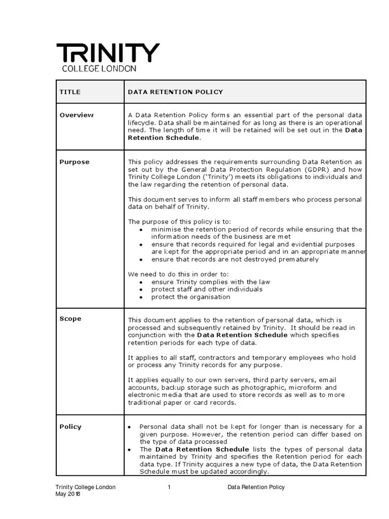 Data Retention Policy PDF Policy Privacy