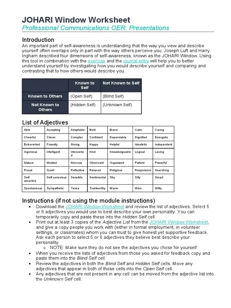 Johari Window Self-Assessment Worksheet | PDF | Self Awareness | Psychology