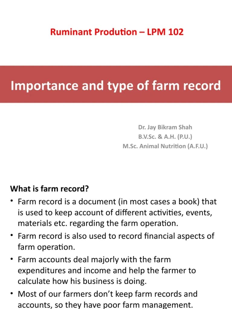 Lecture 10. Importance and Type of Farm Record PDF Livestock Farms