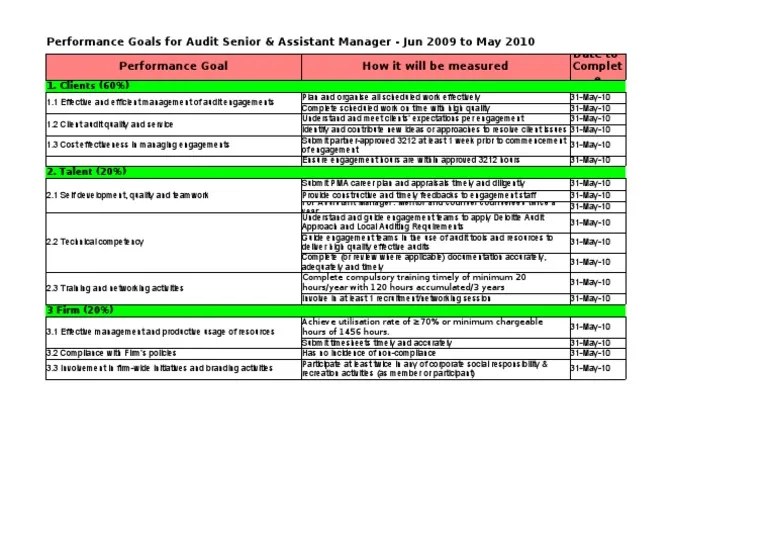 Performance Goals for Audit Senior & Assistant Mgr Business Economies