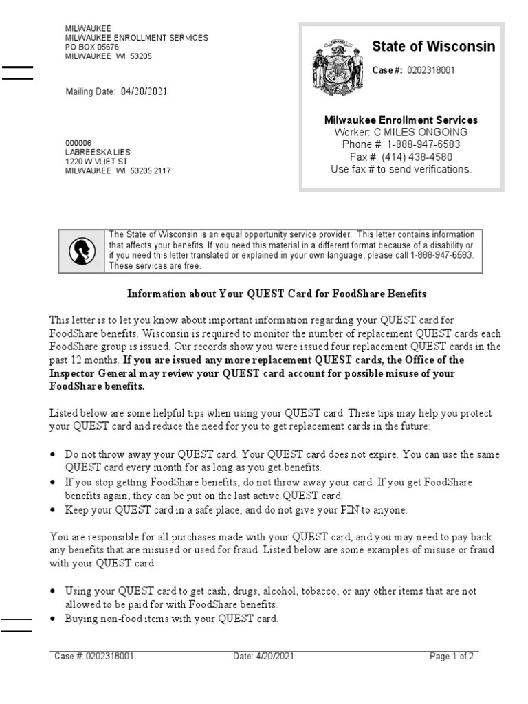 State of Wisconsin Information About Your Quest Card For Foodshare