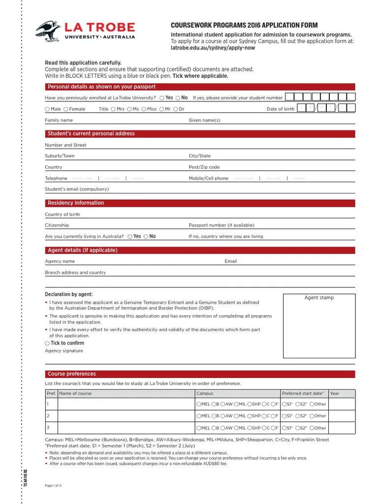 2016ApplicationForm La Trobe PDF Travel Visa Further Education