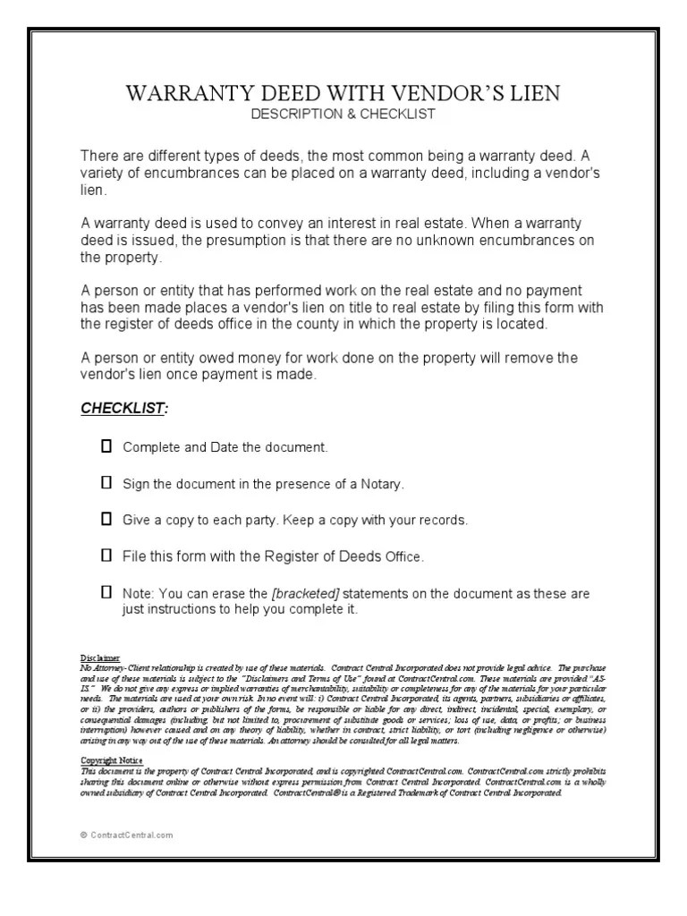Warranty Deed With Vendor'S Lien PDF Deed Conveyancing