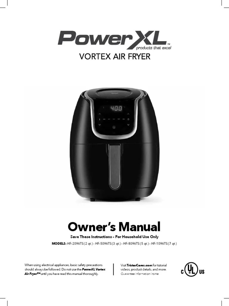 PowerXL Vortex Air Fryer Manual PDF French Fries Ac Power Plugs
