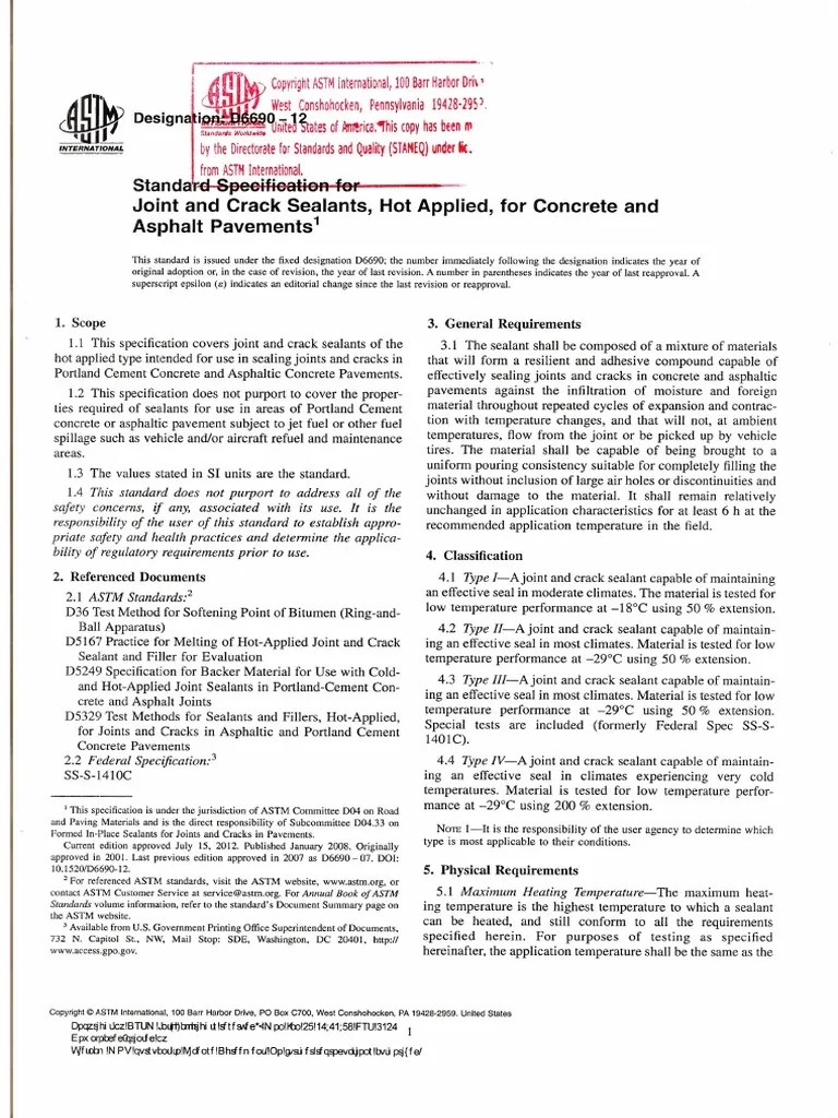 ASTM D669012 Standard Specification For Joint and Crack Sealants, Hot