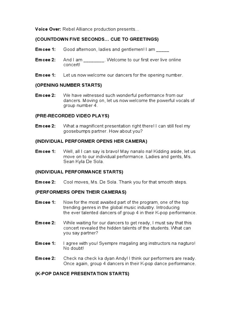 Live Concert PE Emcee Script PDF Popular Music Mass Media
