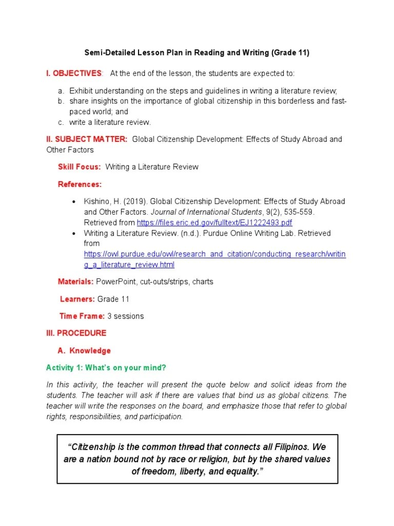 I. Objectives SemiDetailed Lesson Plan in Reading and Writing (Grade