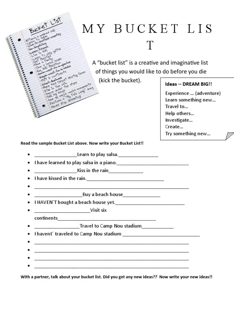 My Bucket List Worksheet Fun Activities Games Icebreakers Warmers