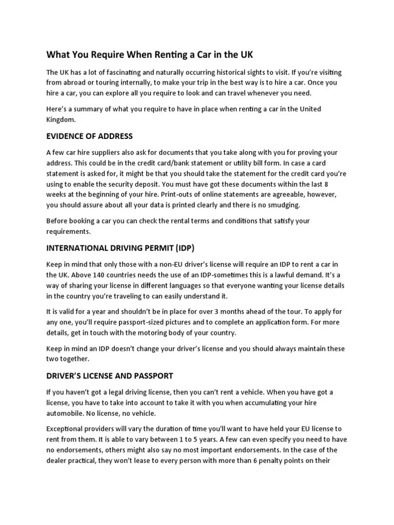 What You Require When Renting A Car in The UK PDF Driver's License Government And Personhood