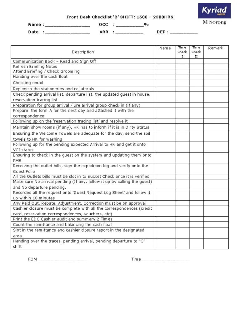 Front Desk Checklist B PDF