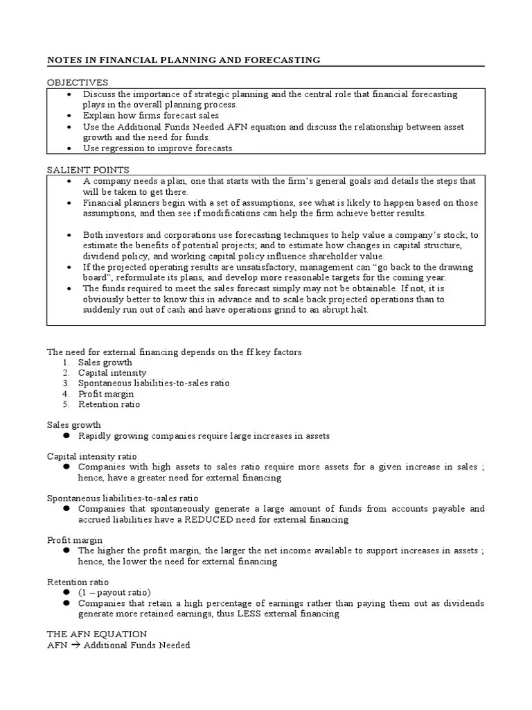Notes in Financial Planning and Forecasting PDF Retained Earnings