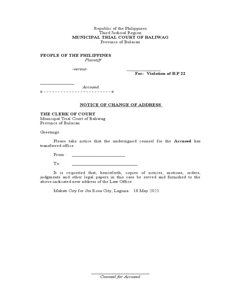 Notice of Address Change for B.P 22 Case | PDF