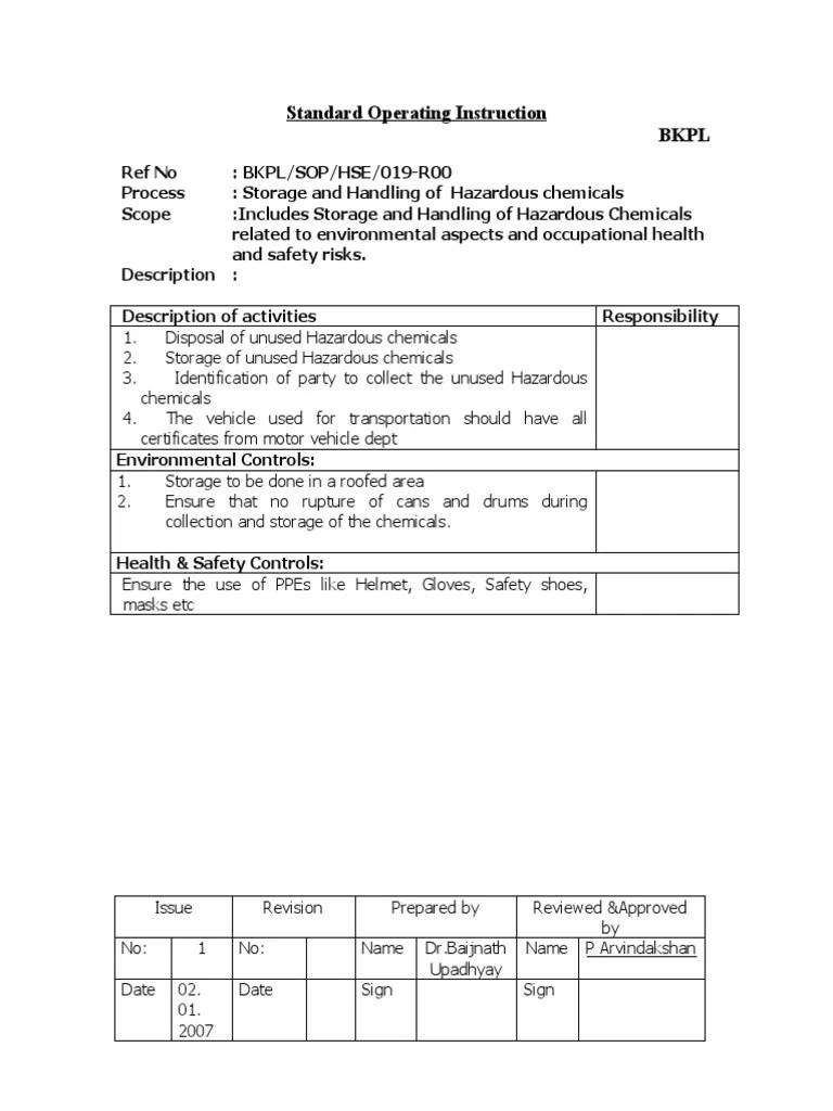 SOP For Storage and Handling of Hazardous Chemicals PDF