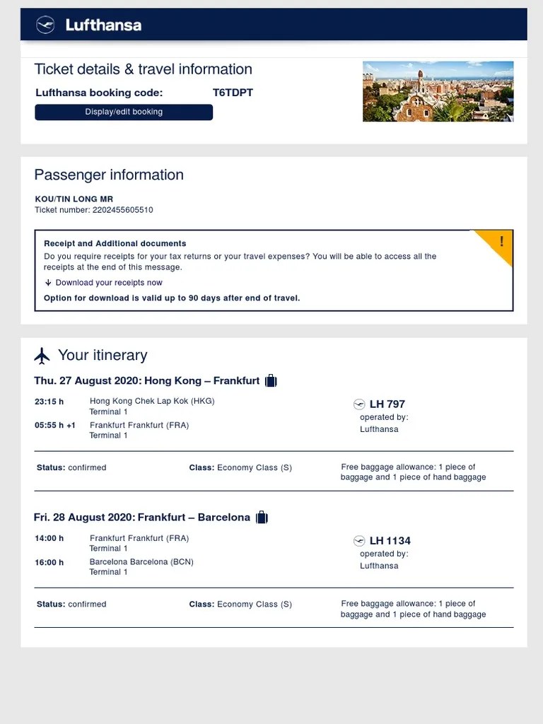 Ticket Details & Travel Information Lufthansa Booking Code T6Tdpt