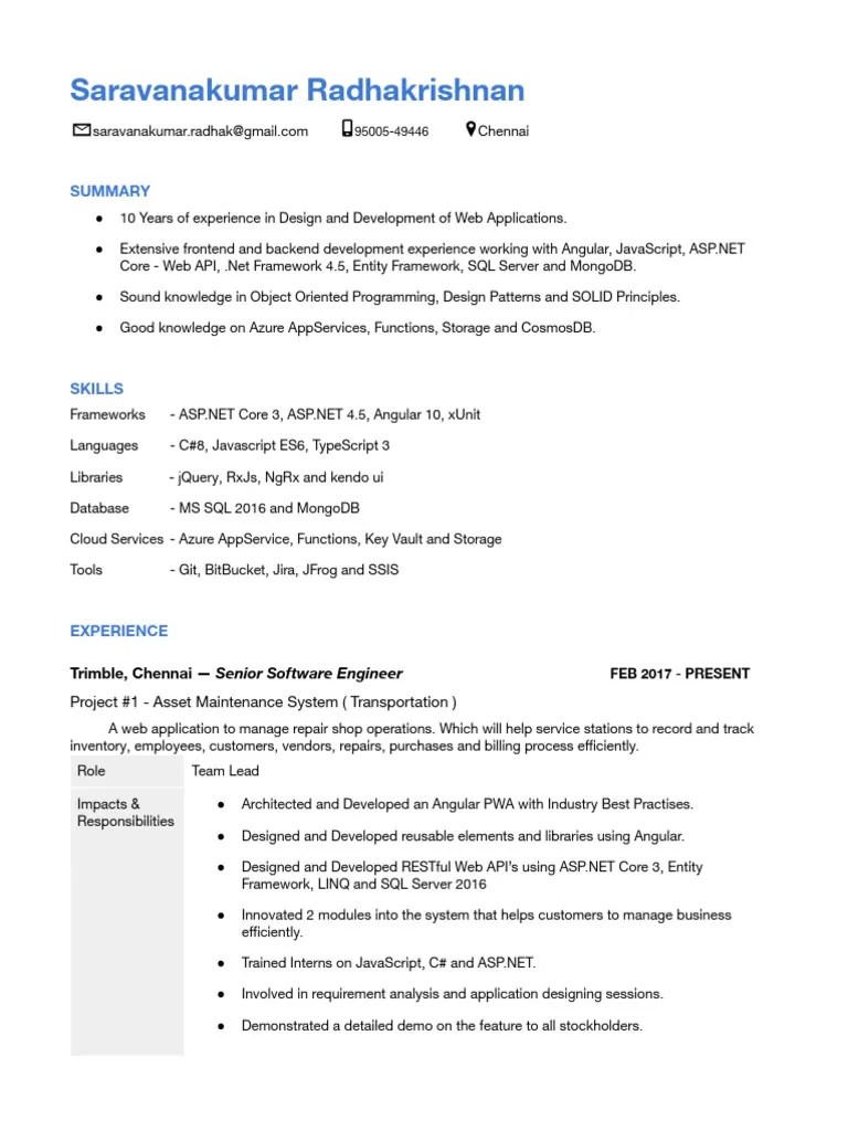 Saravanakumar Radhakrishnan Trimble, Chennai Senior Software