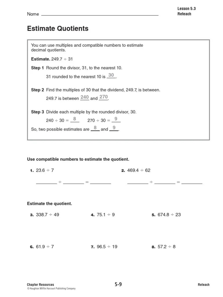 5th Grade Math Reteach & Enrich PDF Division (Mathematics) Arithmetic