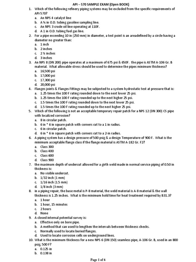 API570 SAMPLE Open Book Exam PDF Pipe (Fluid Conveyance