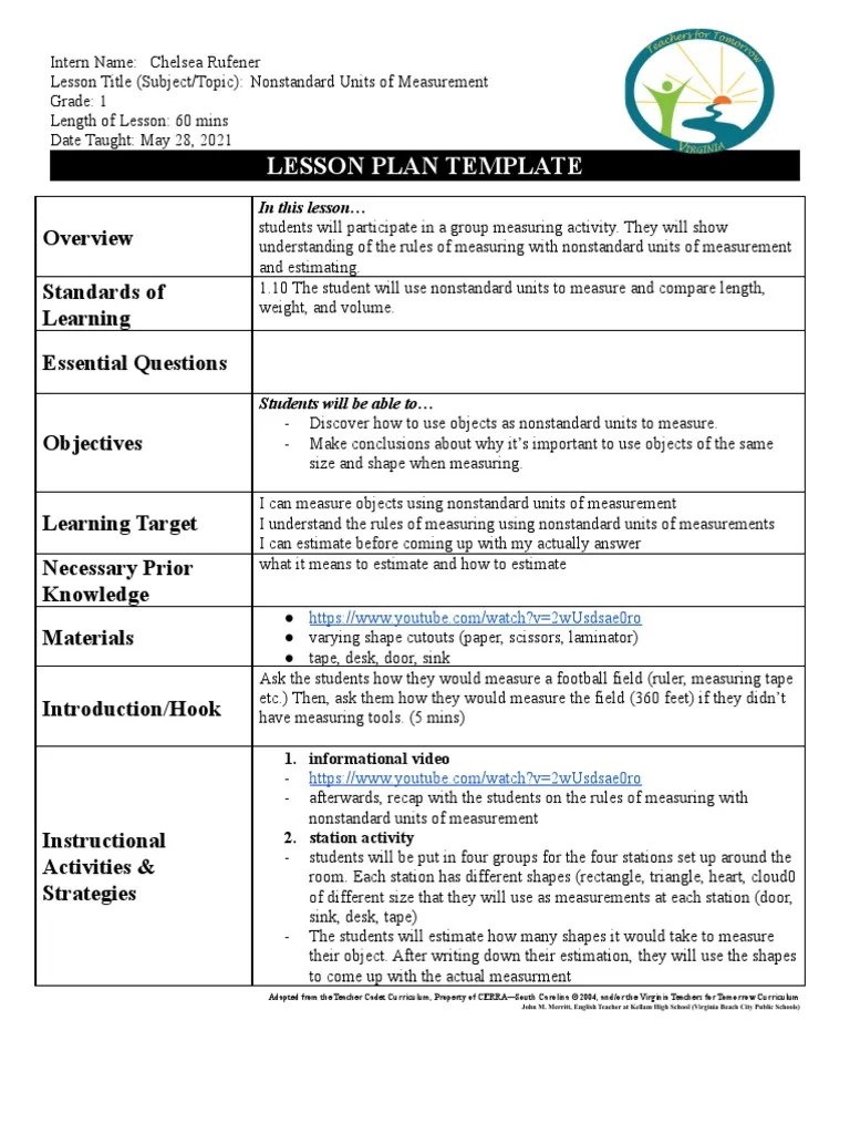 Lesson Plan Template Standards of Learning Essential Questions PDF Lesson Plan Measurement
