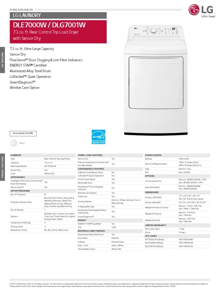 DLE7000W DLG7001W Spec Sheet | PDF | Clothes Dryer | Manufactured Goods