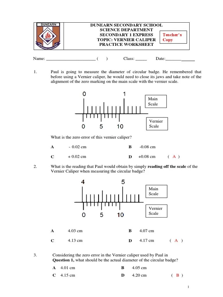 5C Revision Worksheet On Vernier Calipers Answers (1E) PDF