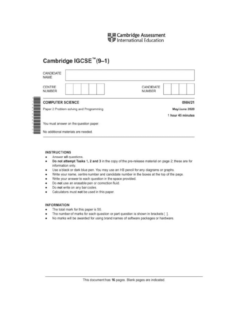 CIE IGCSE Computer Science Paper 2