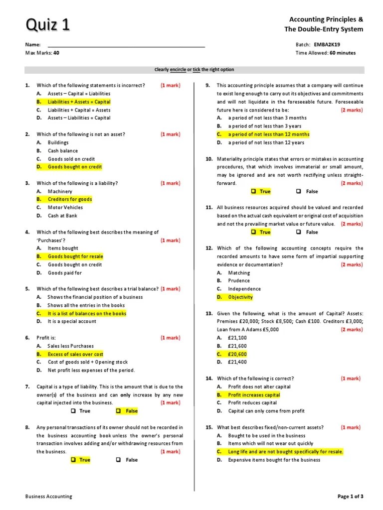 Quiz 1 (Answer) | PDF | Debits And Credits | Financial Services