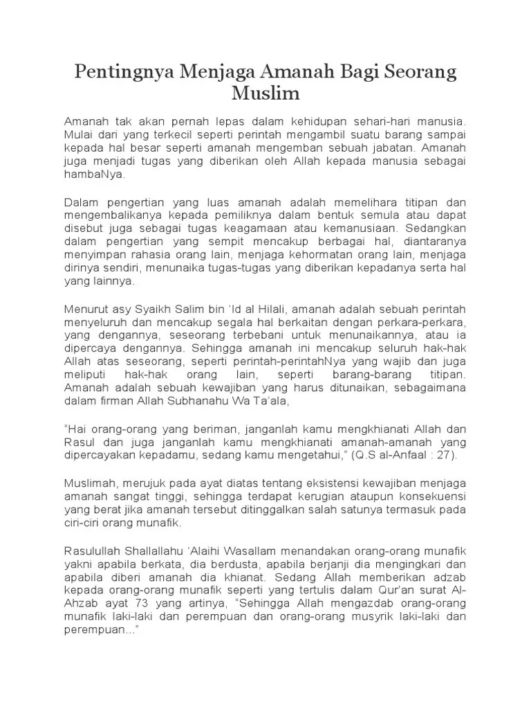 Pentingnya Menjaga Amanah Bagi Seorang Muslim | PDF