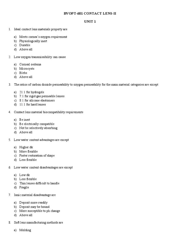 BVOPT 601 Mcq's PDF Contact Lens Light