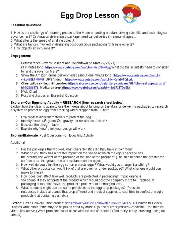 Egg Drop Lesson Essential Questions PDF Parachute Force