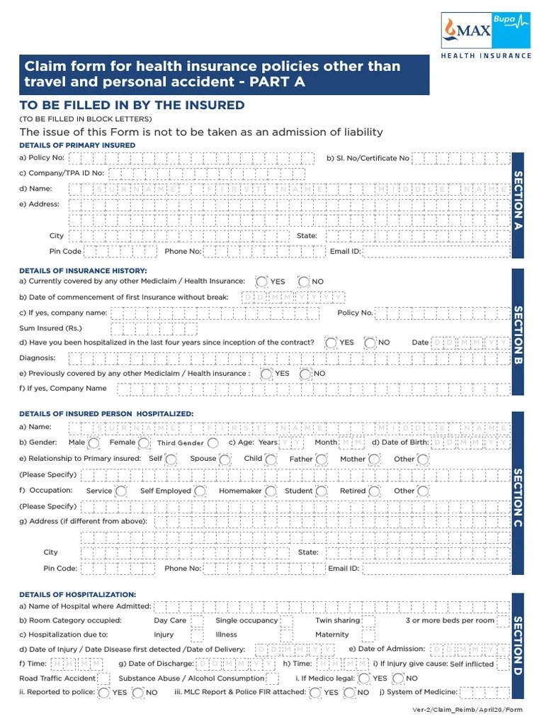 Max Bupa Claims Form Download Free PDF Identity Document Insurance