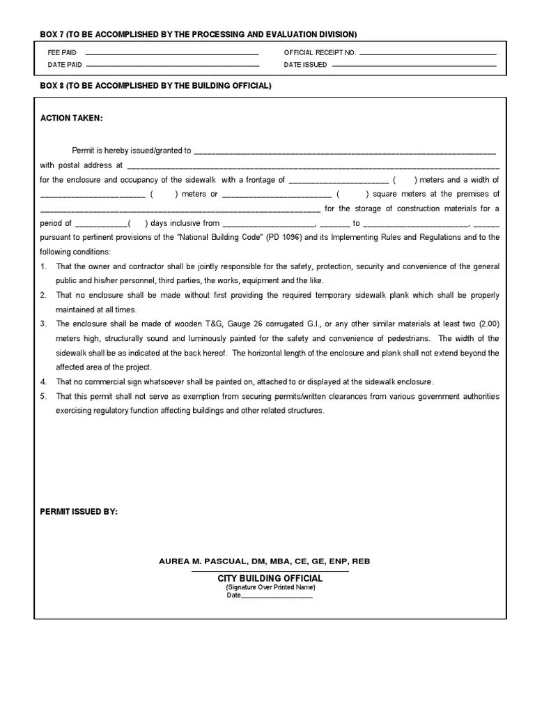 Temporary Sidewalk Enclosure and Occupancy Permit (Back) PDF